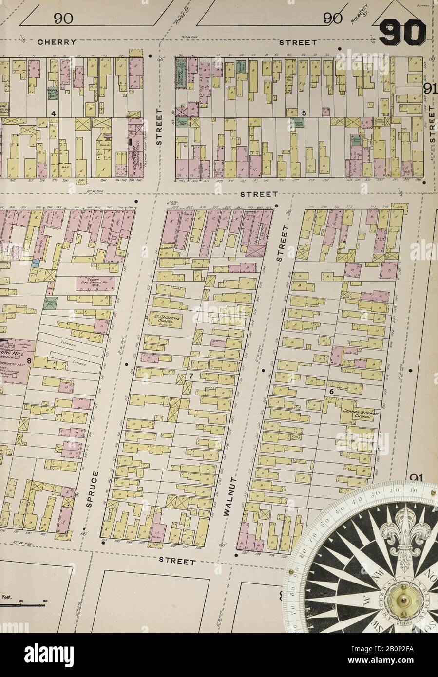 Image 26 De La Carte D'Assurance-Incendie Sanborn De Buffalo, Comté D'Erie, New York. 1889-1893 Vol. 3, 1889. 97 feuille(s). Plaques à double pression numérotées 79-125. Direction, Amérique, plan de rue avec un compas du XIXe siècle Banque D'Images