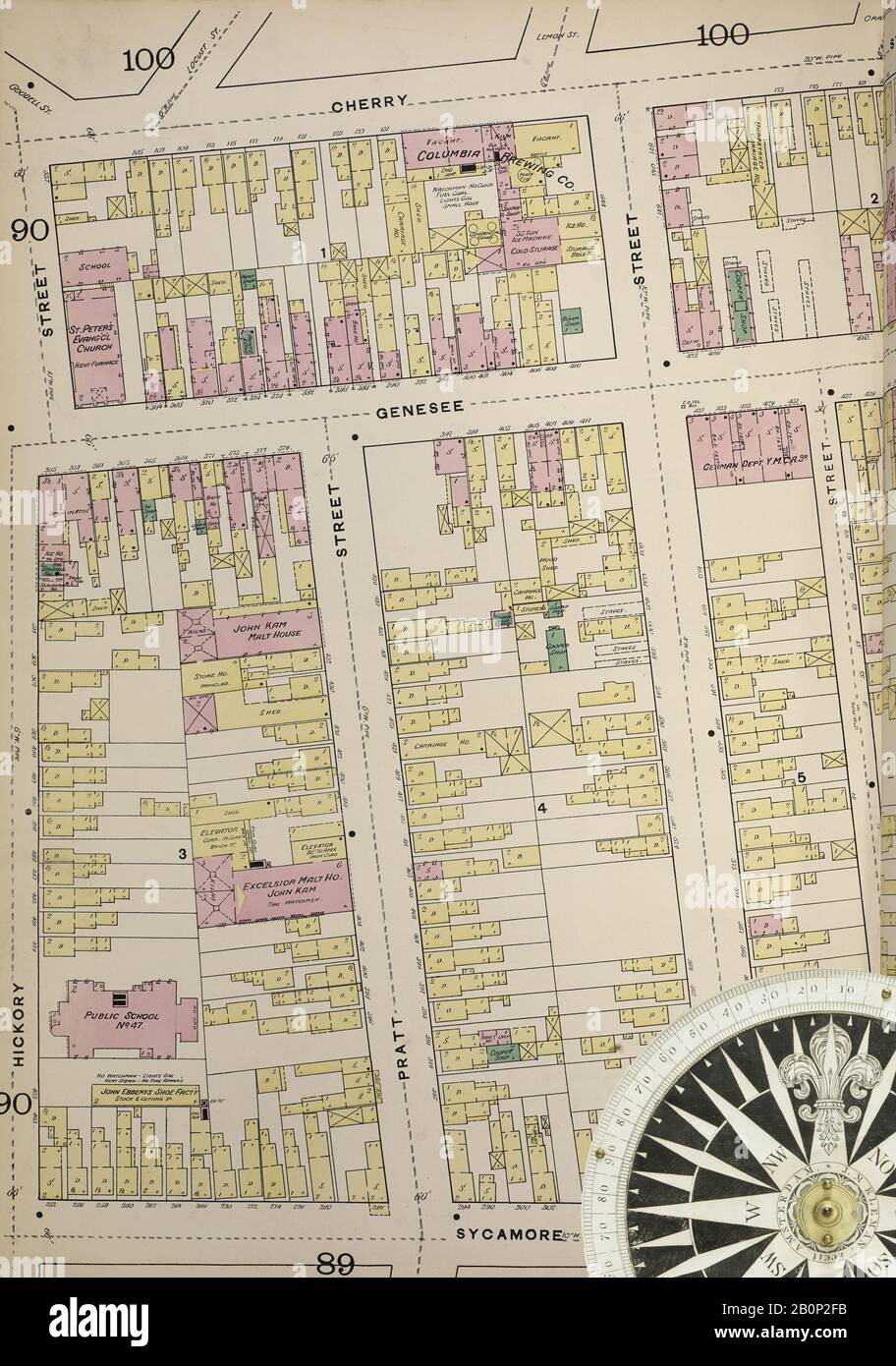 Image 27 De La Carte D'Assurance-Incendie Sanborn De Buffalo, Comté D'Erie, New York. 1889-1893 Vol. 3, 1889. 97 feuille(s). Plaques à double pression numérotées 79-125. Direction, Amérique, plan de rue avec un compas du XIXe siècle Banque D'Images
