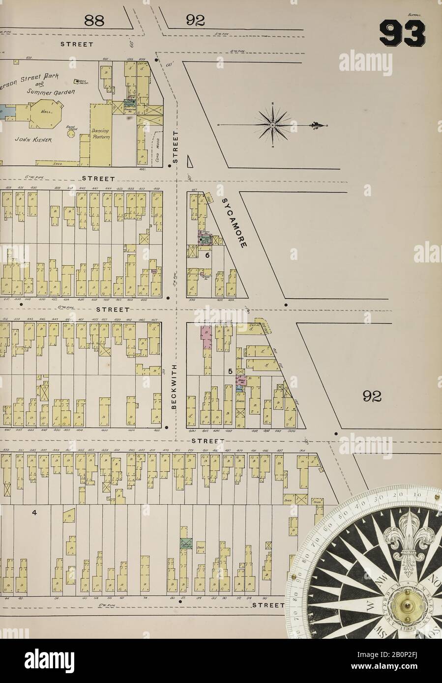 Image 32 De La Carte D'Assurance-Incendie Sanborn De Buffalo, Comté D'Erie, New York. 1889-1893 Vol. 3, 1889. 97 feuille(s). Plaques à double pression numérotées 79-125. Direction, Amérique, plan de rue avec un compas du XIXe siècle Banque D'Images