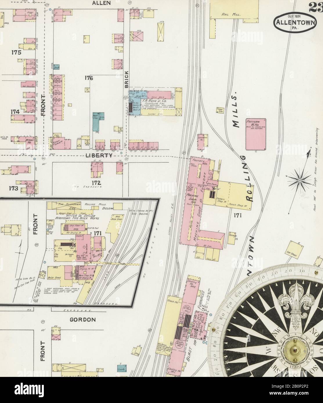 Image 23 De La Carte D'Assurance-Incendie Sanborn D'Allentown, Comté De Lehigh, Pennsylvanie. Octobre 1891. 32 feuille(s), Amérique, plan de rue avec compas du dix-neuvième siècle Banque D'Images