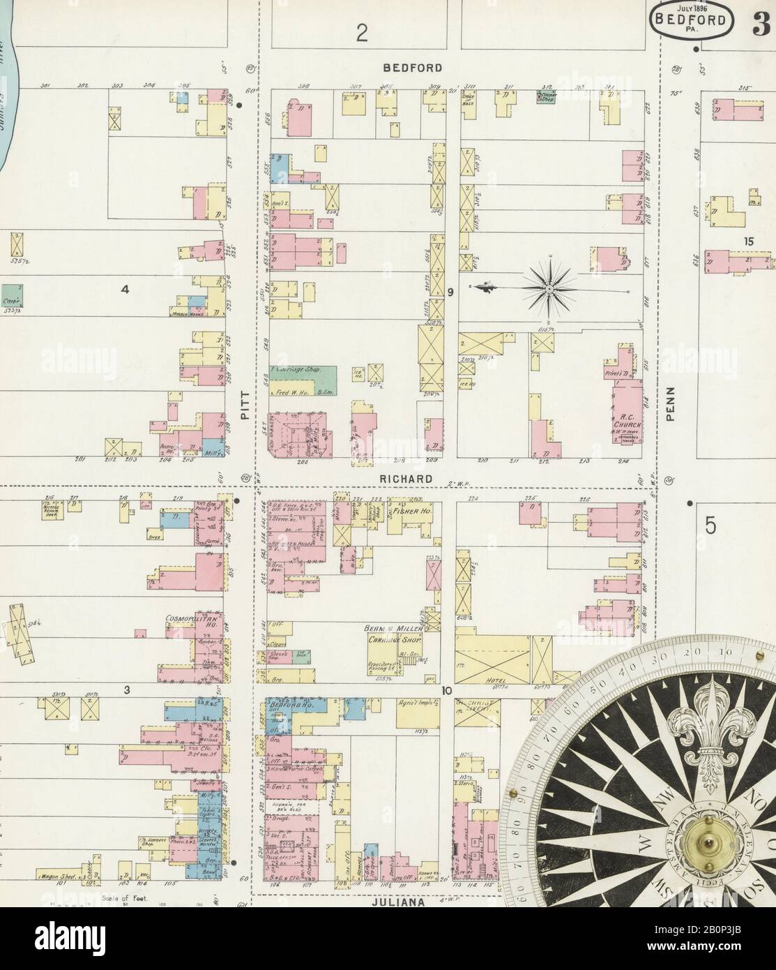 Image 3 De La Carte D'Assurance-Incendie Sanborn De Bedford, Comté De Bedford, Pennsylvanie. Juillet 1896. 5 feuille(s), Amérique, plan de rue avec un compas du dix-neuvième siècle Banque D'Images