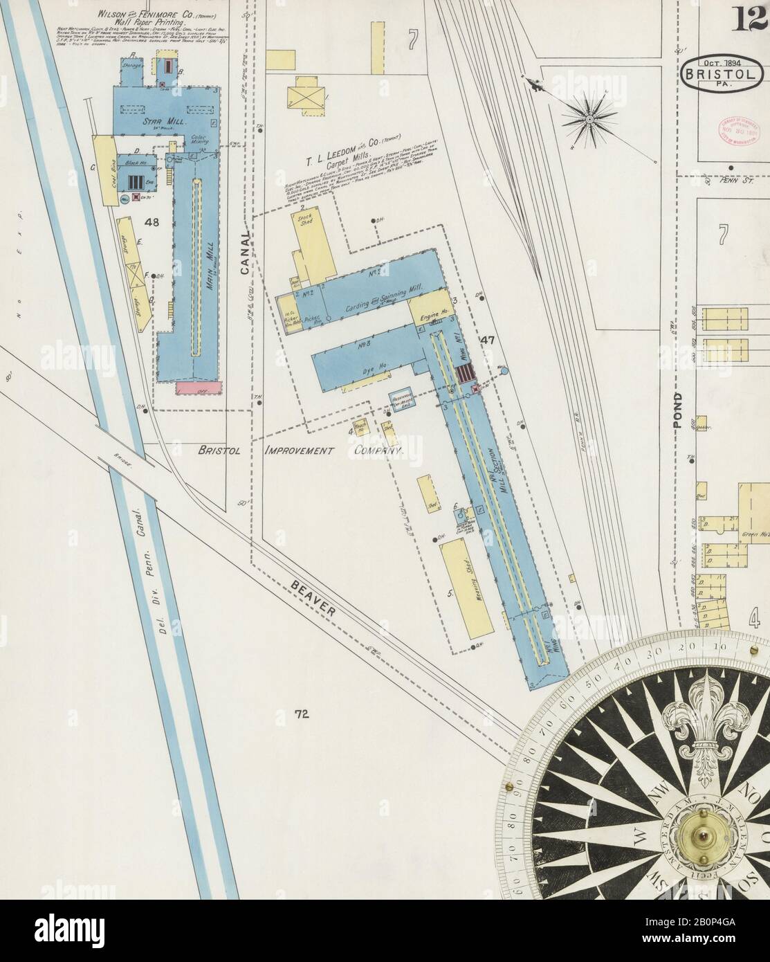 Image 12 De La Carte D'Assurance-Incendie Sanborn De Bristol, Comté De Bucks, Pennsylvanie. Oct 1894. 12 feuille(s), Amérique, plan de rue avec compas du XIXe siècle Banque D'Images