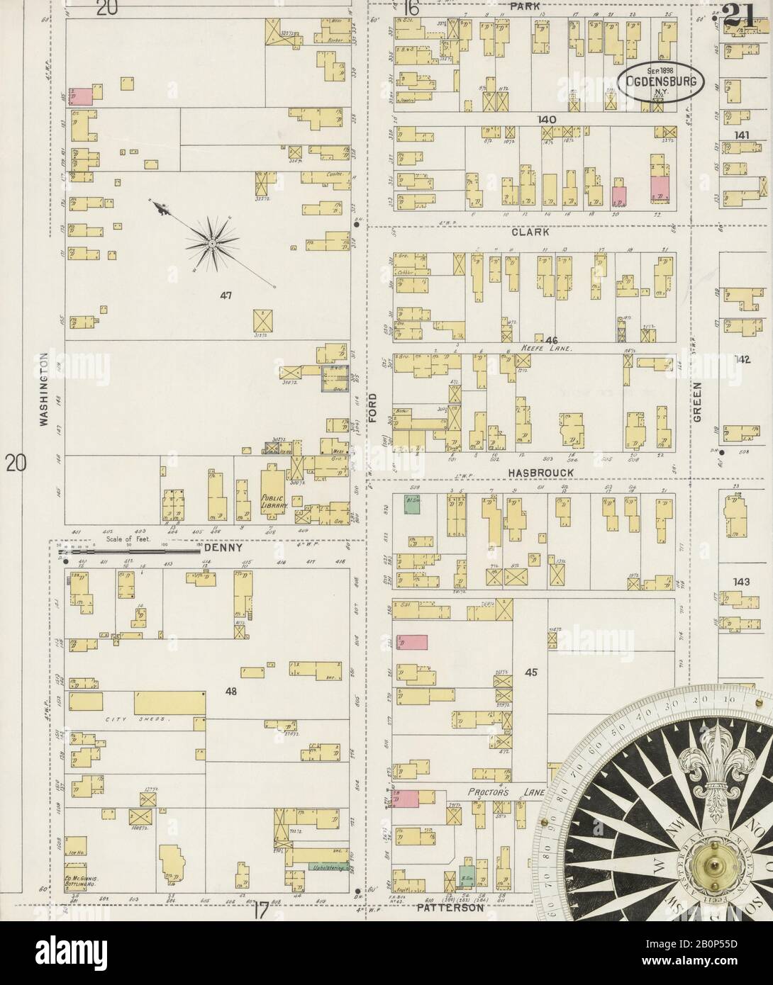 Image 21 De La Carte D'Assurance-Incendie Sanborn D'Ogdensburg, Comté Du Saint-Laurent, New York. Septembre 1898. 21 feuille(s), Amérique, plan de rue avec compas du dix-neuvième siècle Banque D'Images