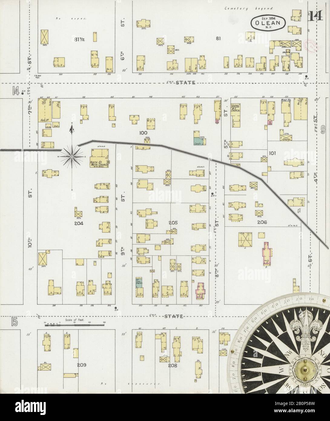 Image 14 De La Carte D'Assurance-Incendie Sanborn D'Olean, Comté De Cattaraugus, New York. Sept. 1894. 20 feuille(s), Amérique, plan de rue avec compas du XIXe siècle Banque D'Images