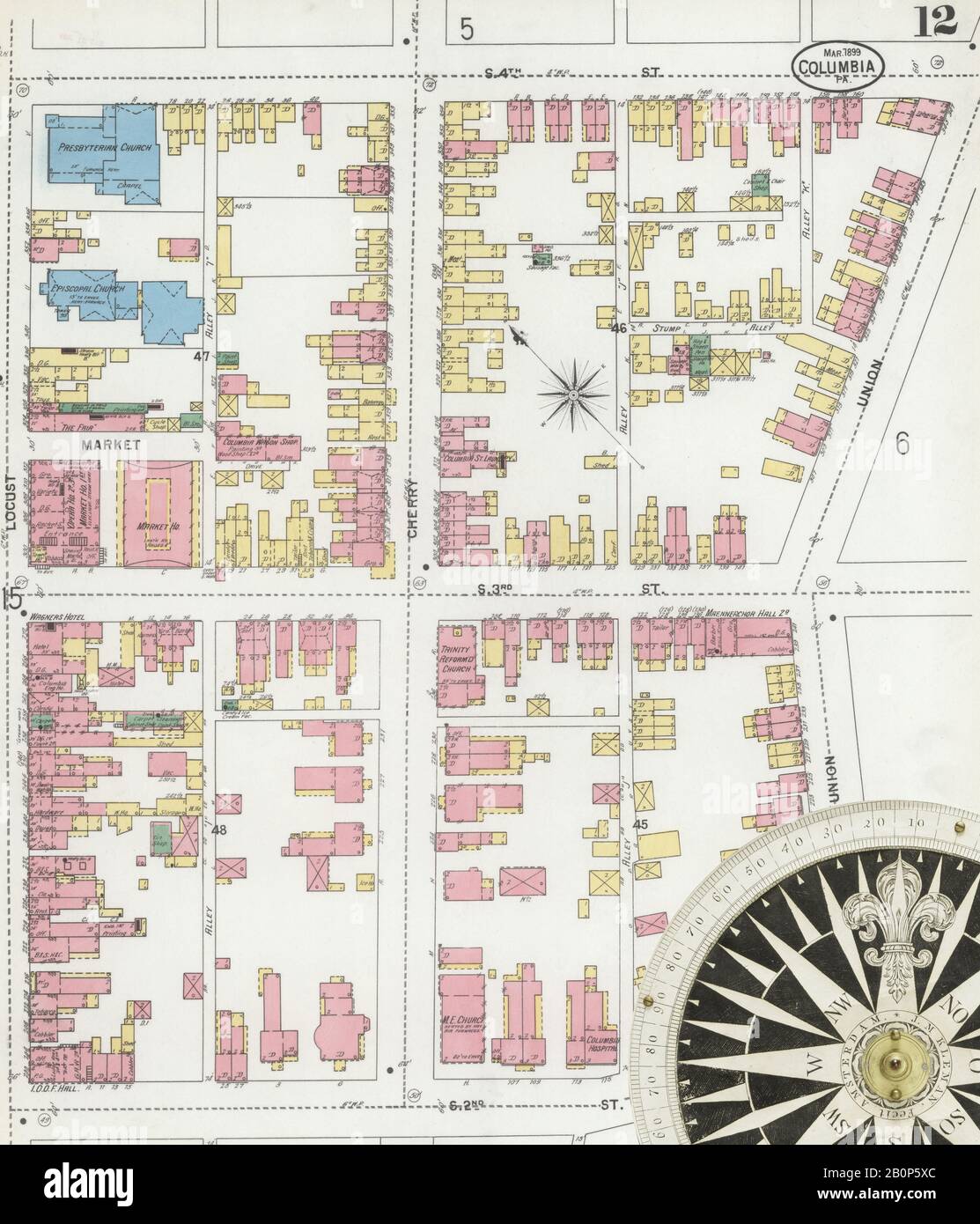 Image 12 De La Carte D'Assurance-Incendie Sanborn De Columbia, Comté De Lancaster, Pennsylvanie. Mars 1899. 18 feuille(s), Amérique, plan de rue avec compas du XIXe siècle Banque D'Images
