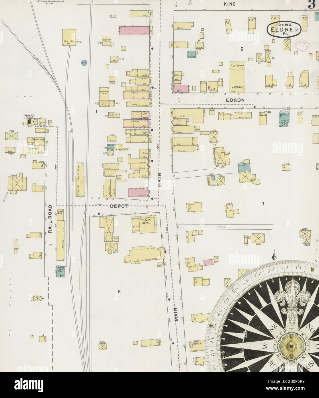 Image 3 de la carte d'assurance-incendie Sanborn d'Eldred, comté de McKean, Pennsylvanie. Sept. 1894. 3 feuille(s), Amérique, plan de rue avec un compas du dix-neuvième siècle Banque D'Images