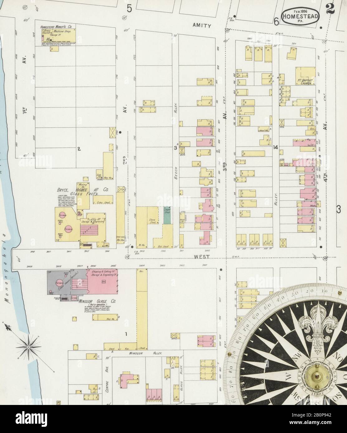 Image 2 De La Carte D'Assurance-Incendie Sanborn De Homestead, Comté D'Allegheny, Pennsylvanie. Février 1896. 11 feuille(s), Amérique, plan de rue avec compas du XIXe siècle Banque D'Images