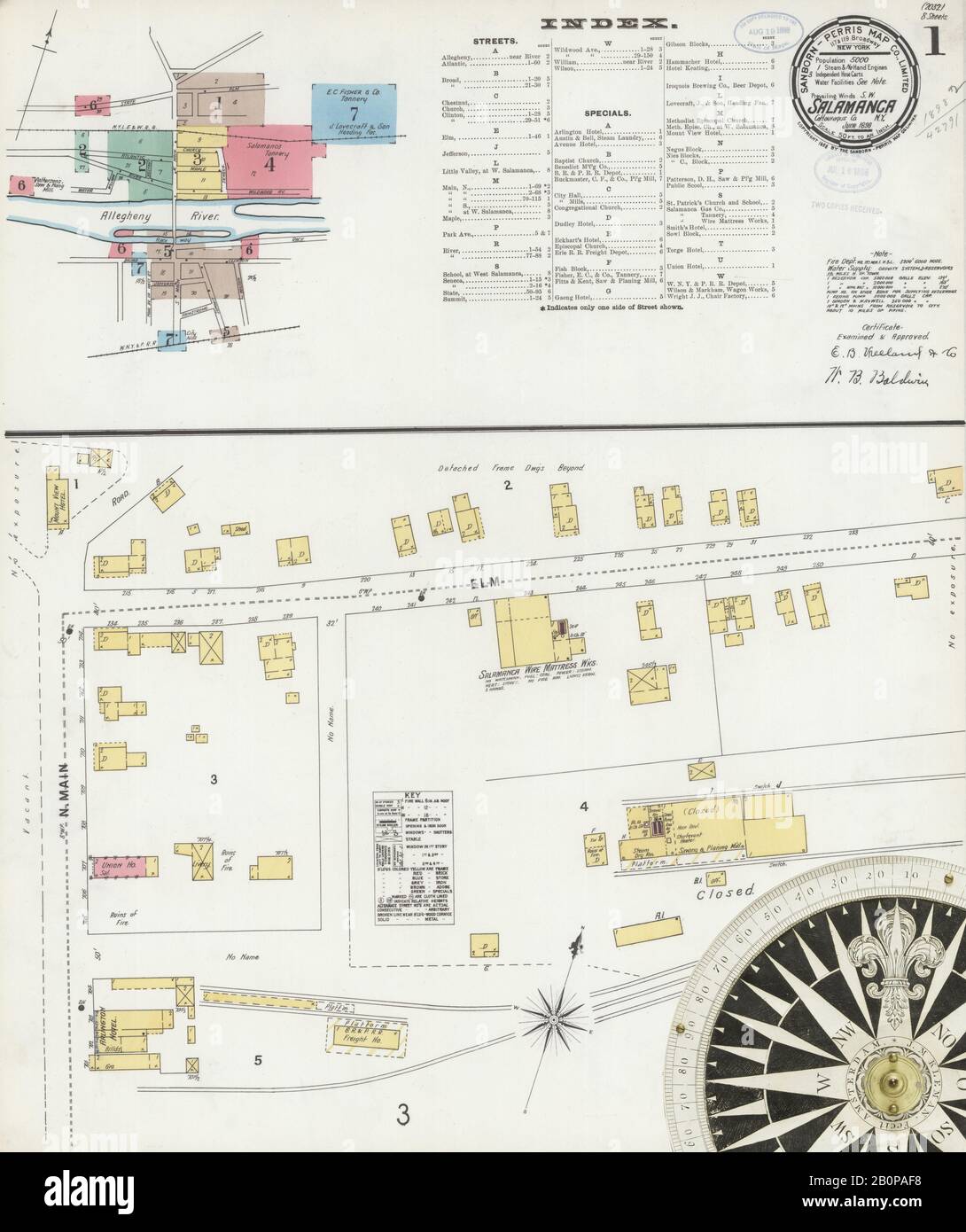 Image 1 De La Carte D'Assurance-Incendie Sanborn De Salamanque, Comté De Cattaraugus, New York. Juin 1898. 8 feuille(s), Amérique, plan de rue avec un compas du dix-neuvième siècle Banque D'Images