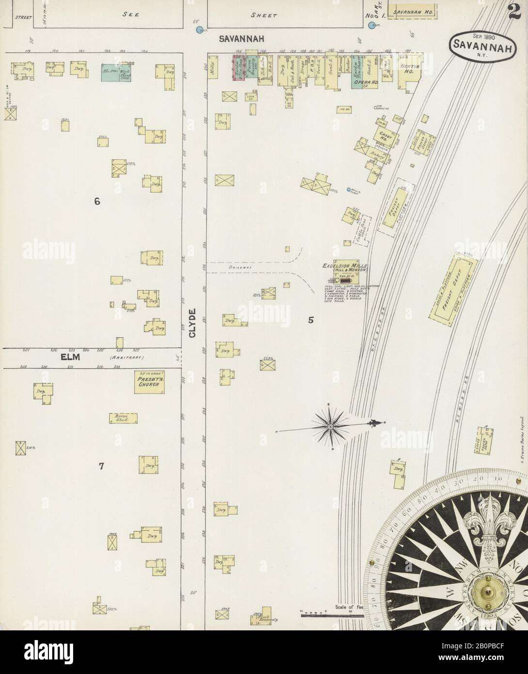 Image 2 De La Carte D'Assurance-Incendie Sanborn De Savannah, Comté De Wayne, New York. Sept. 1890. 2 feuille(s), Amérique, plan de rue avec un compas du dix-neuvième siècle Banque D'Images