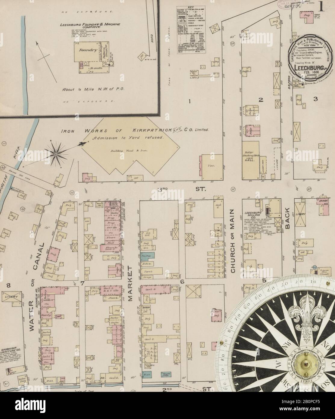 Image 1 De La Carte D'Assurance-Incendie Sanborn De Leechburg, Comté D'Armstrong, Pennsylvanie. Fév 1886. 2 feuille(s), Amérique, plan de rue avec un compas du dix-neuvième siècle Banque D'Images