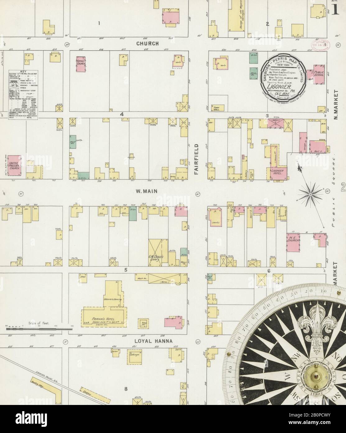 Image 1 De La Carte D'Assurance-Incendie Sanborn De Ligonier, Comté De Westmoreland, Pennsylvanie. Oct 1895. 2 feuille(s), Amérique, plan de rue avec un compas du dix-neuvième siècle Banque D'Images