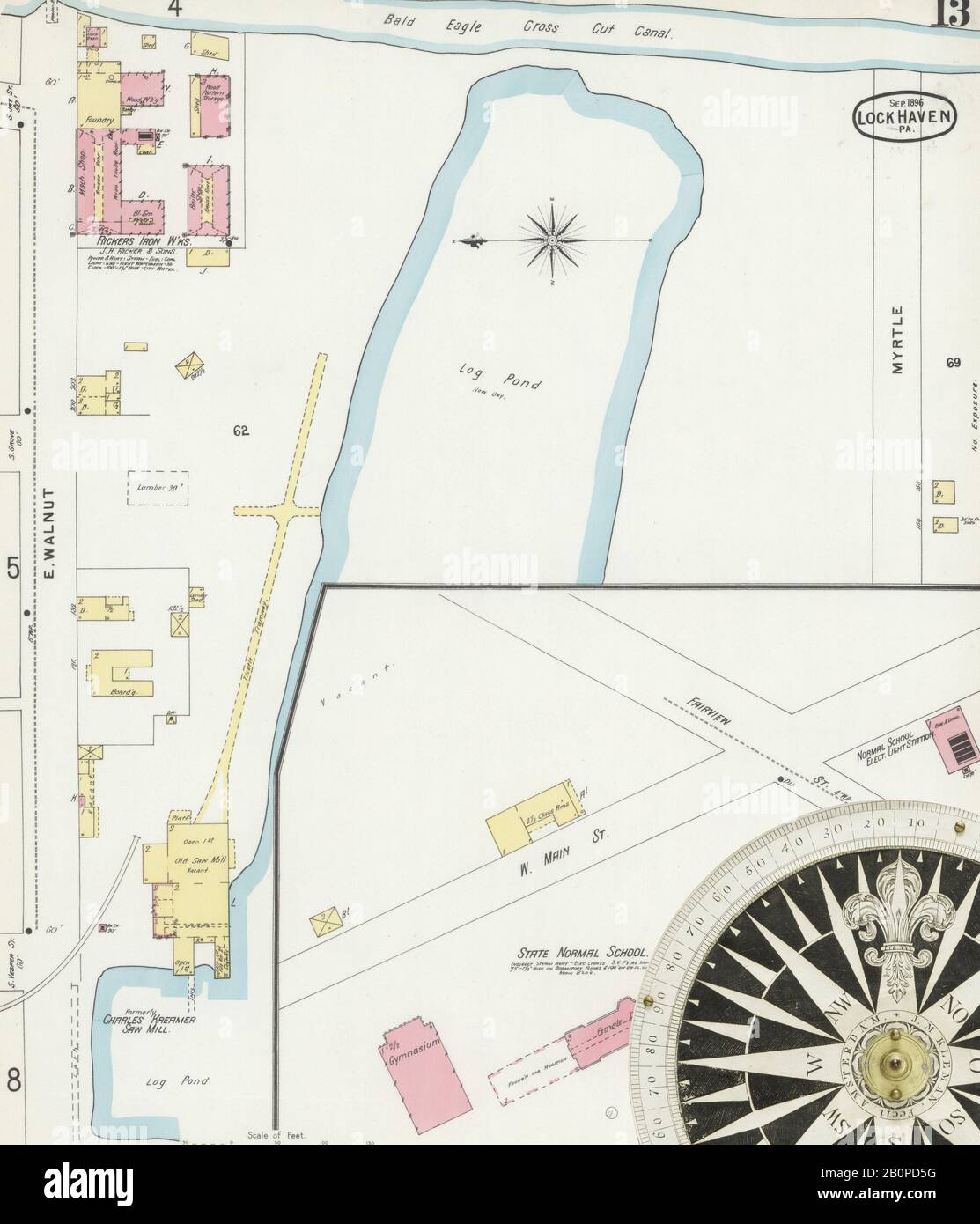 Image 13 De La Carte D'Assurance-Incendie Sanborn De Lock Haven, Comté De Clinton, Pennsylvanie. Sept 1896. 14 feuille(s), Amérique, plan de rue avec compas du XIXe siècle Banque D'Images