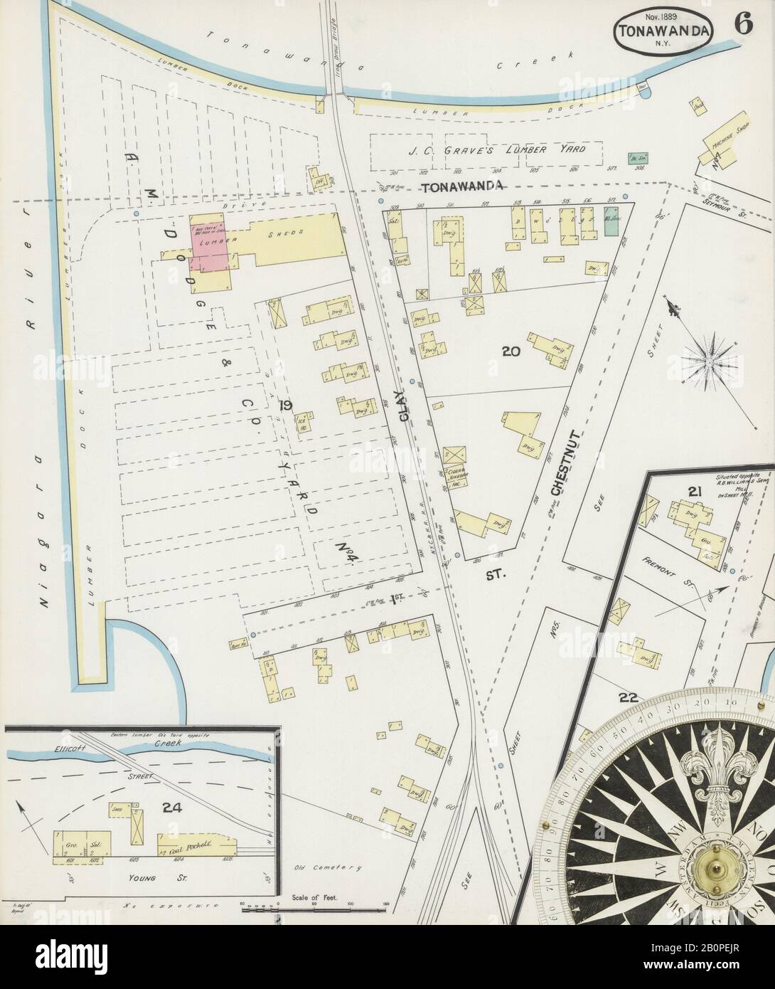 Image 6 De La Carte D'Assurance-Incendie Sanborn De Tonawanda, Comté D'Erie, New York. Novembre 1889. 33 feuille(s), Amérique, plan de rue avec compas du XIXe siècle Banque D'Images