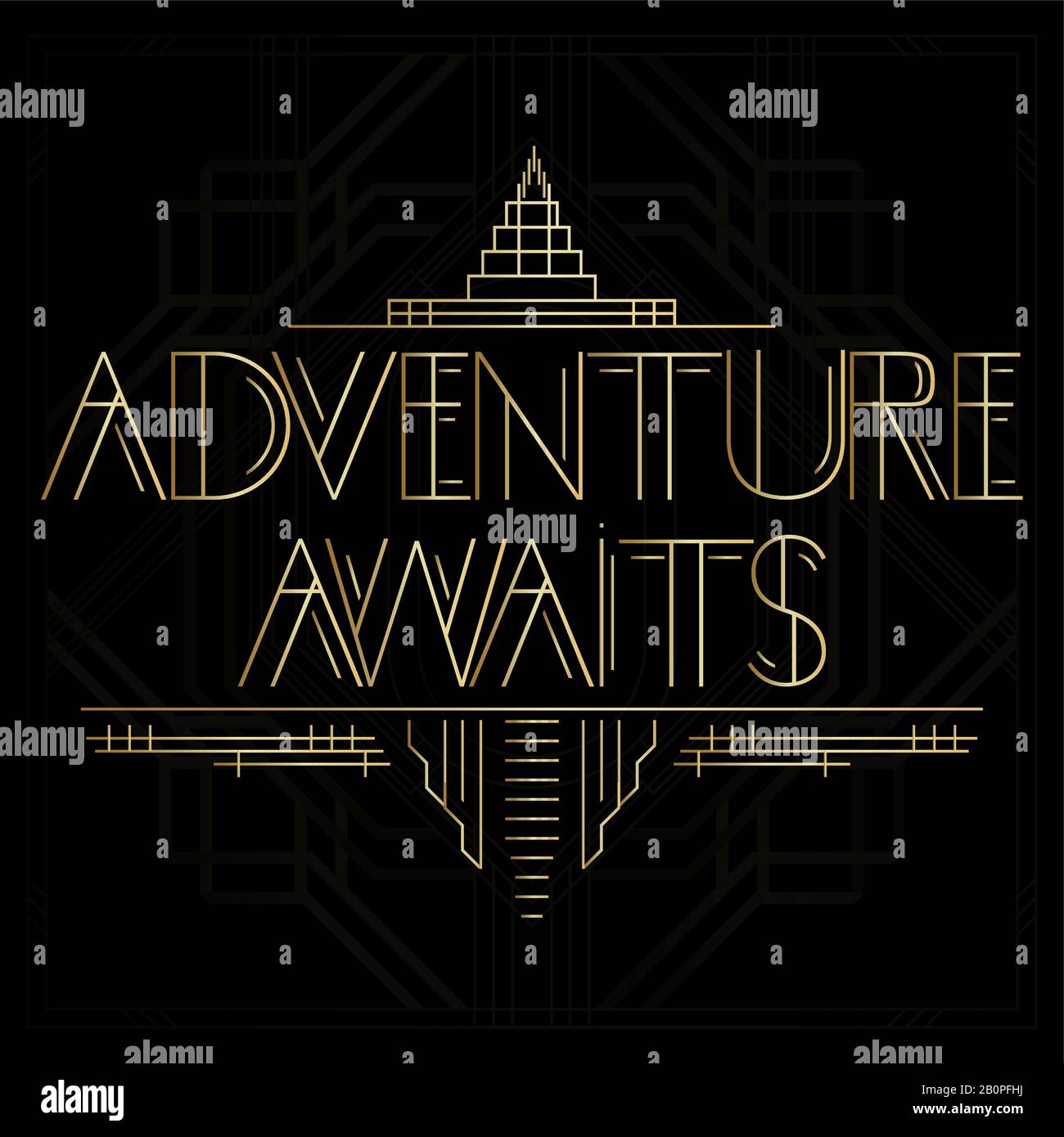 Art Déco Aventure Attend Mot. Carte de vœux décorative dorée, signe avec des lettres anciennes. Illustration de Vecteur