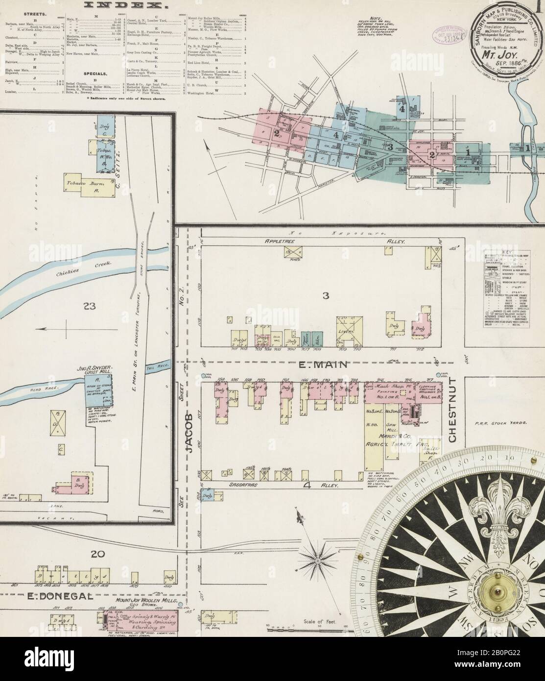 Image 1 De La Carte D'Assurance-Incendie Sanborn De Mount Joy, Comté De Lancaster, Pennsylvanie. Septembre 1886. 4 feuille(s), Amérique, plan de rue avec un compas du dix-neuvième siècle Banque D'Images