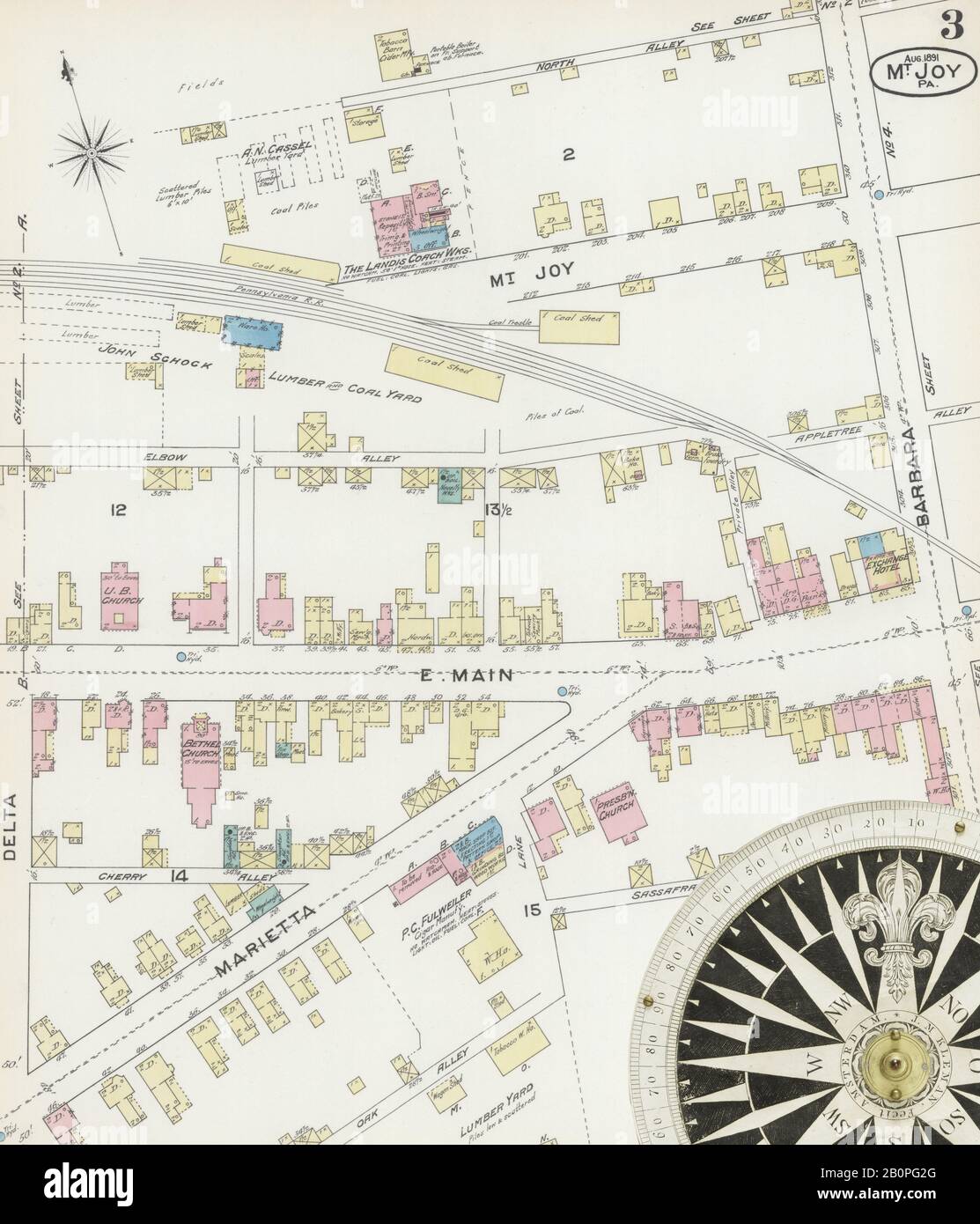 Image 3 De La Carte D'Assurance-Incendie Sanborn De Mount Joy, Comté De Lancaster, Pennsylvanie. Août 1891. 5 feuille(s), Amérique, plan de rue avec un compas du dix-neuvième siècle Banque D'Images