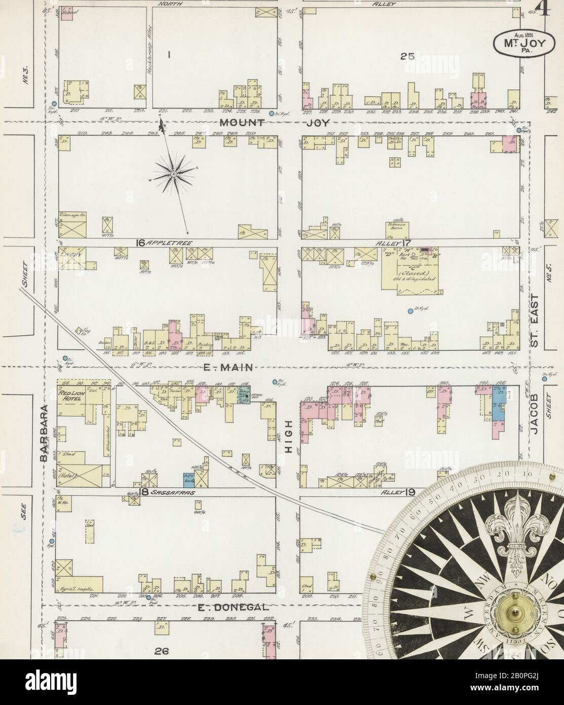 Image 4 De La Carte D'Assurance-Incendie Sanborn De Mount Joy, Comté De Lancaster, Pennsylvanie. Août 1891. 5 feuille(s), Amérique, plan de rue avec un compas du dix-neuvième siècle Banque D'Images