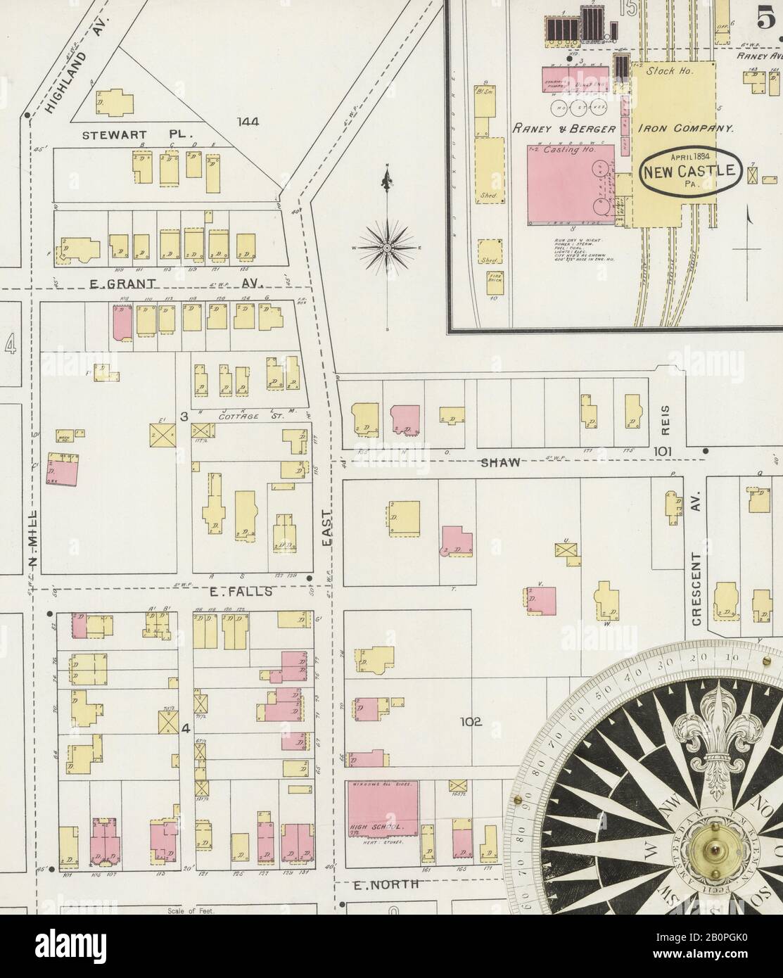 Image 5 De La Carte D'Assurance-Incendie De Sanborn, New Castle, Comté De Lawrence, Pennsylvanie. Avril 1894. 19 feuille(s), Amérique, plan de rue avec compas du XIXe siècle Banque D'Images