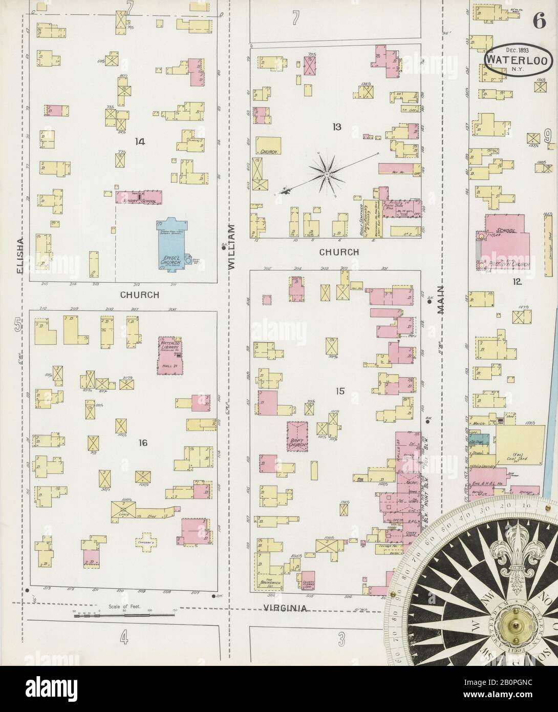 Image 6 De La Carte D'Assurance-Incendie Sanborn De Waterloo, Comté De Seneca, New York. Déc 1893. 11 feuille(s), Amérique, plan de rue avec compas du XIXe siècle Banque D'Images