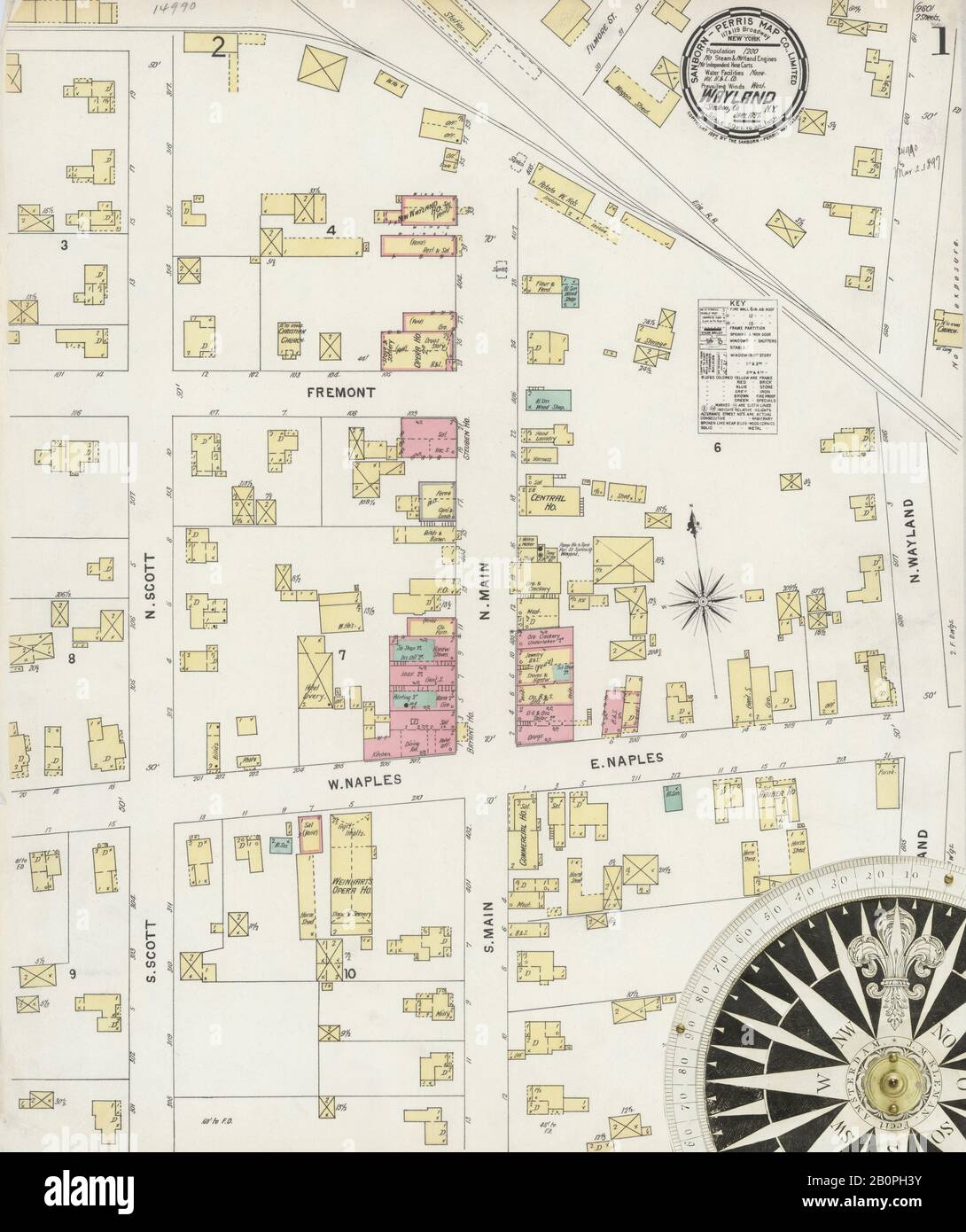 Image 1 De La Carte D'Assurance-Incendie Sanborn De Wayland, Comté De Steuben, New York. Janvier 1897. 2 feuille(s), Amérique, plan de rue avec un compas du dix-neuvième siècle Banque D'Images