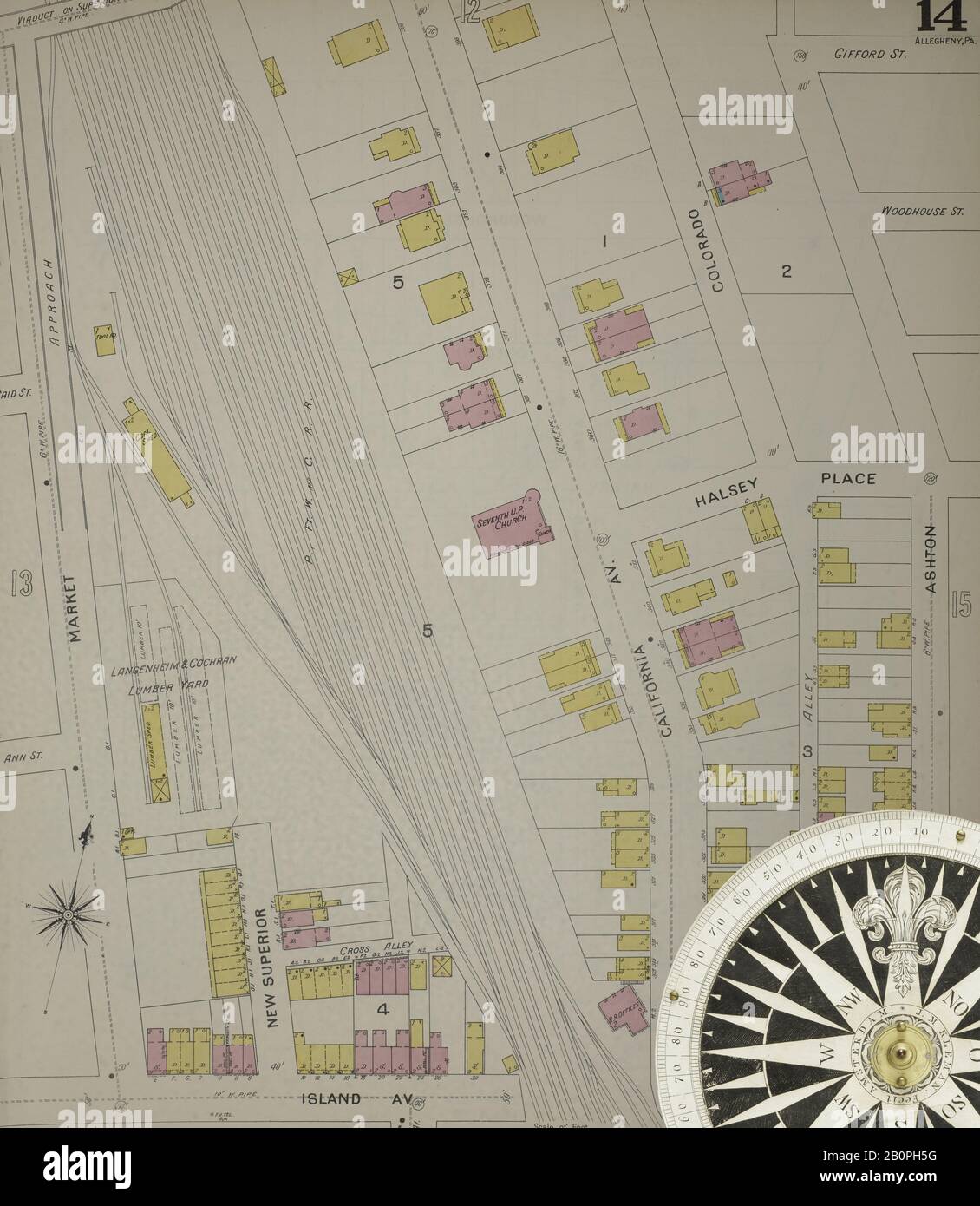 Image 15 De La Carte D'Assurance Incendie De Sanborn D'Allegheny, Comté D'Allegheny, Pennsylvanie. 1893. 125 feuille(s). Direction, Amérique, plan de rue avec un compas du XIXe siècle Banque D'Images