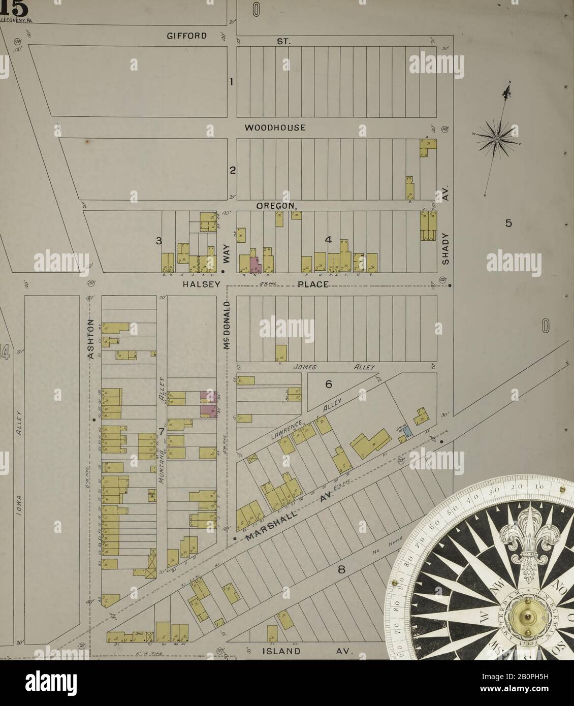 Image 16 De La Carte D'Assurance Incendie De Sanborn D'Allegheny, Comté D'Allegheny, Pennsylvanie. 1893. 125 feuille(s). Direction, Amérique, plan de rue avec un compas du XIXe siècle Banque D'Images
