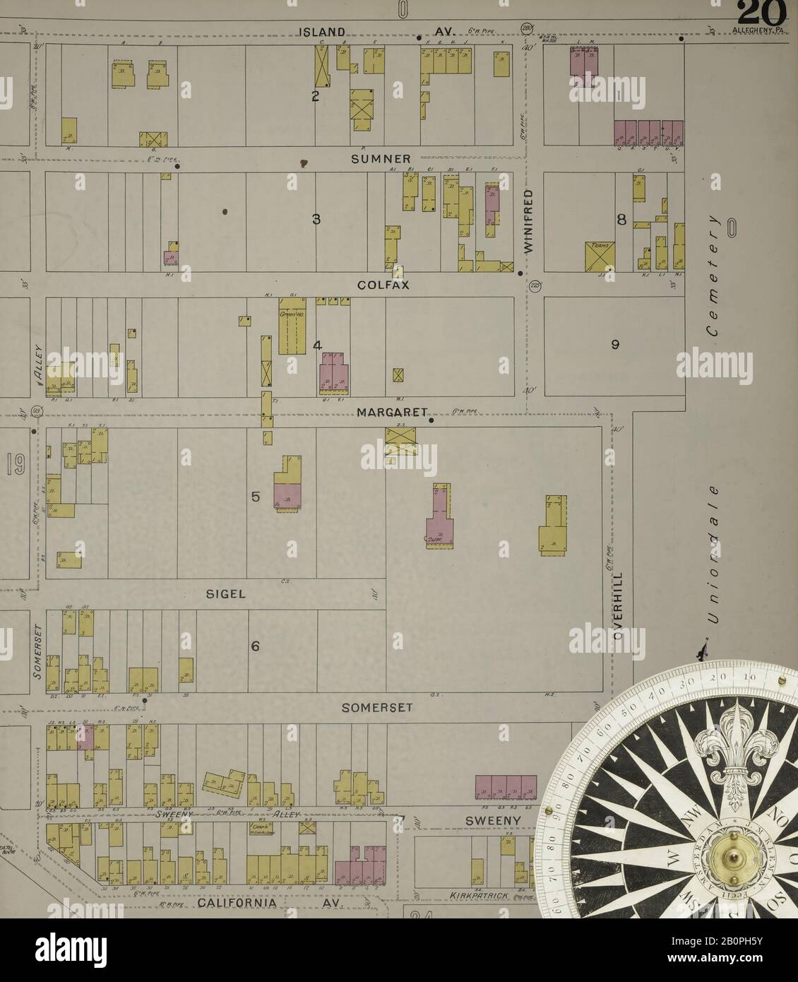 Image 21 De La Carte D'Assurance Incendie De Sanborn D'Allegheny, Comté D'Allegheny, Pennsylvanie. 1893. 125 feuille(s). Direction, Amérique, plan de rue avec un compas du XIXe siècle Banque D'Images