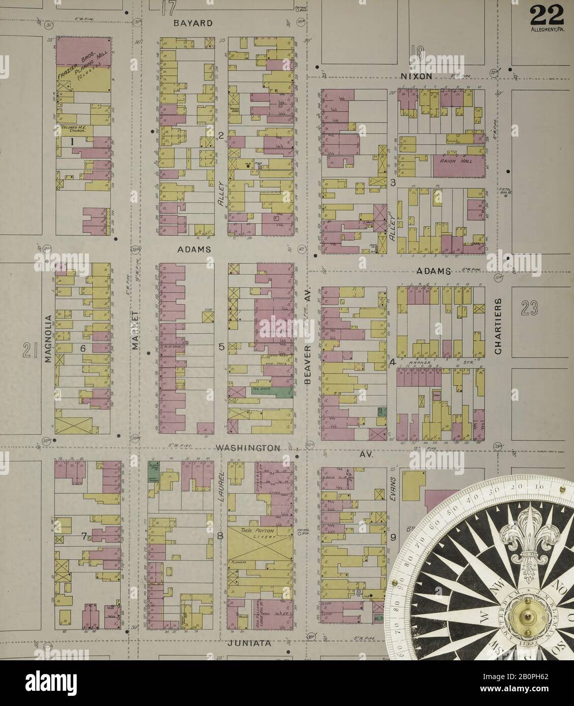 Image 23 De La Carte D'Assurance Incendie De Sanborn D'Allegheny, Comté D'Allegheny, Pennsylvanie. 1893. 125 feuille(s). Direction, Amérique, plan de rue avec un compas du XIXe siècle Banque D'Images