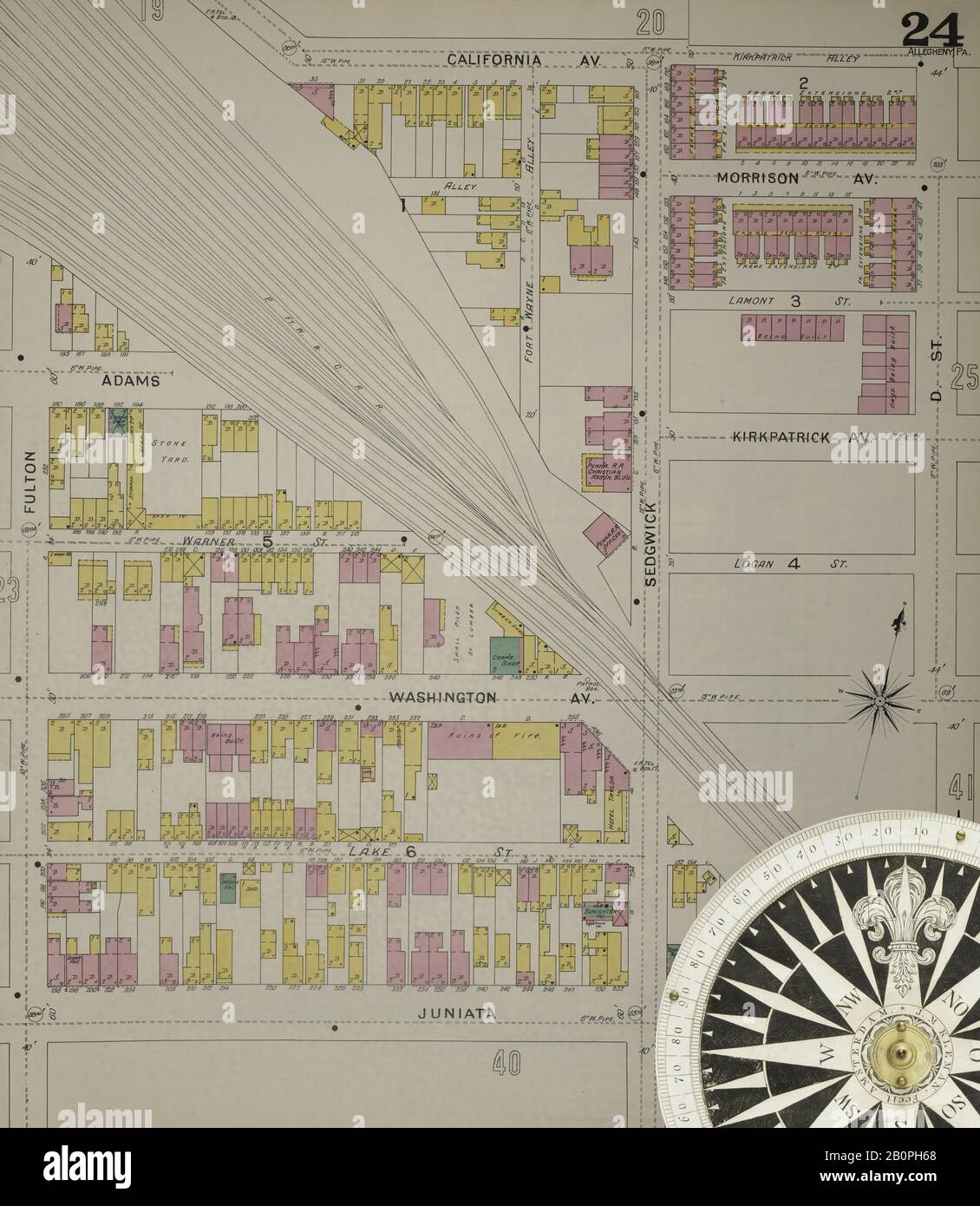 Image 25 De La Carte D'Assurance Incendie De Sanborn D'Allegheny, Comté D'Allegheny, Pennsylvanie. 1893. 125 feuille(s). Direction, Amérique, plan de rue avec un compas du XIXe siècle Banque D'Images