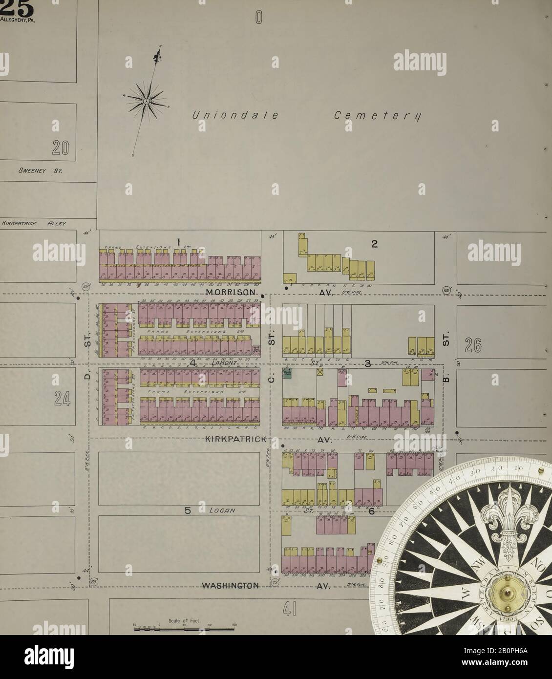 Image 26 De La Carte D'Assurance Incendie De Sanborn D'Allegheny, Comté D'Allegheny, Pennsylvanie. 1893. 125 feuille(s). Direction, Amérique, plan de rue avec un compas du XIXe siècle Banque D'Images