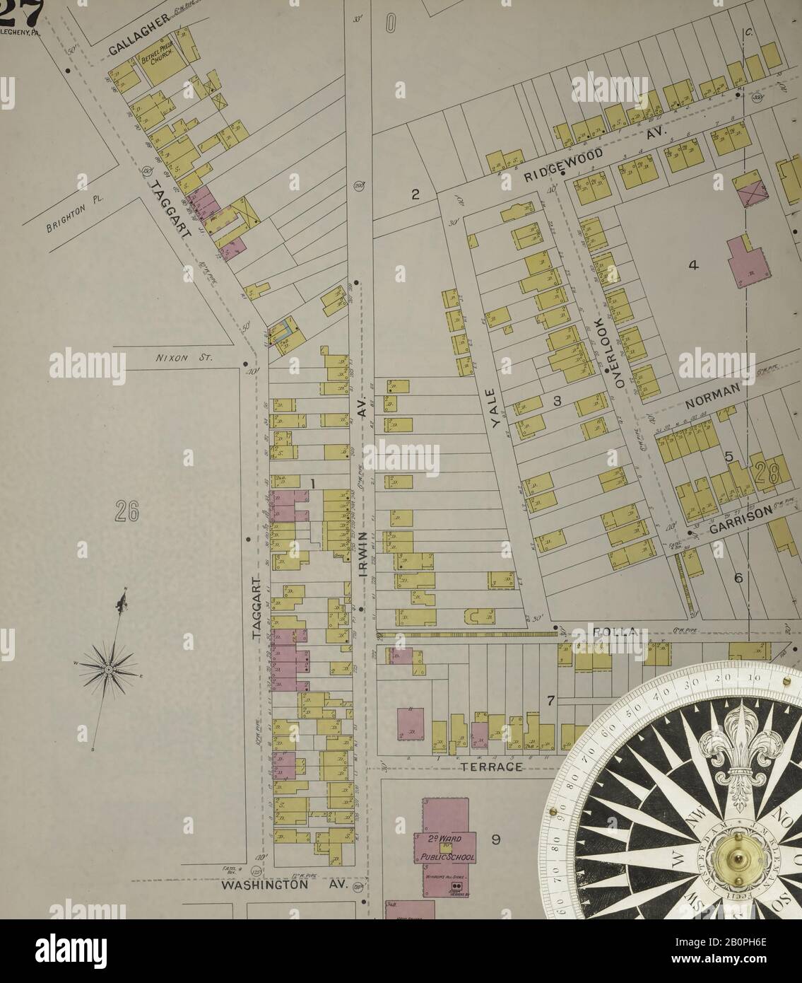 Image 28 De La Carte D'Assurance Incendie De Sanborn D'Allegheny, Comté D'Allegheny, Pennsylvanie. 1893. 125 feuille(s). Direction, Amérique, plan de rue avec un compas du XIXe siècle Banque D'Images