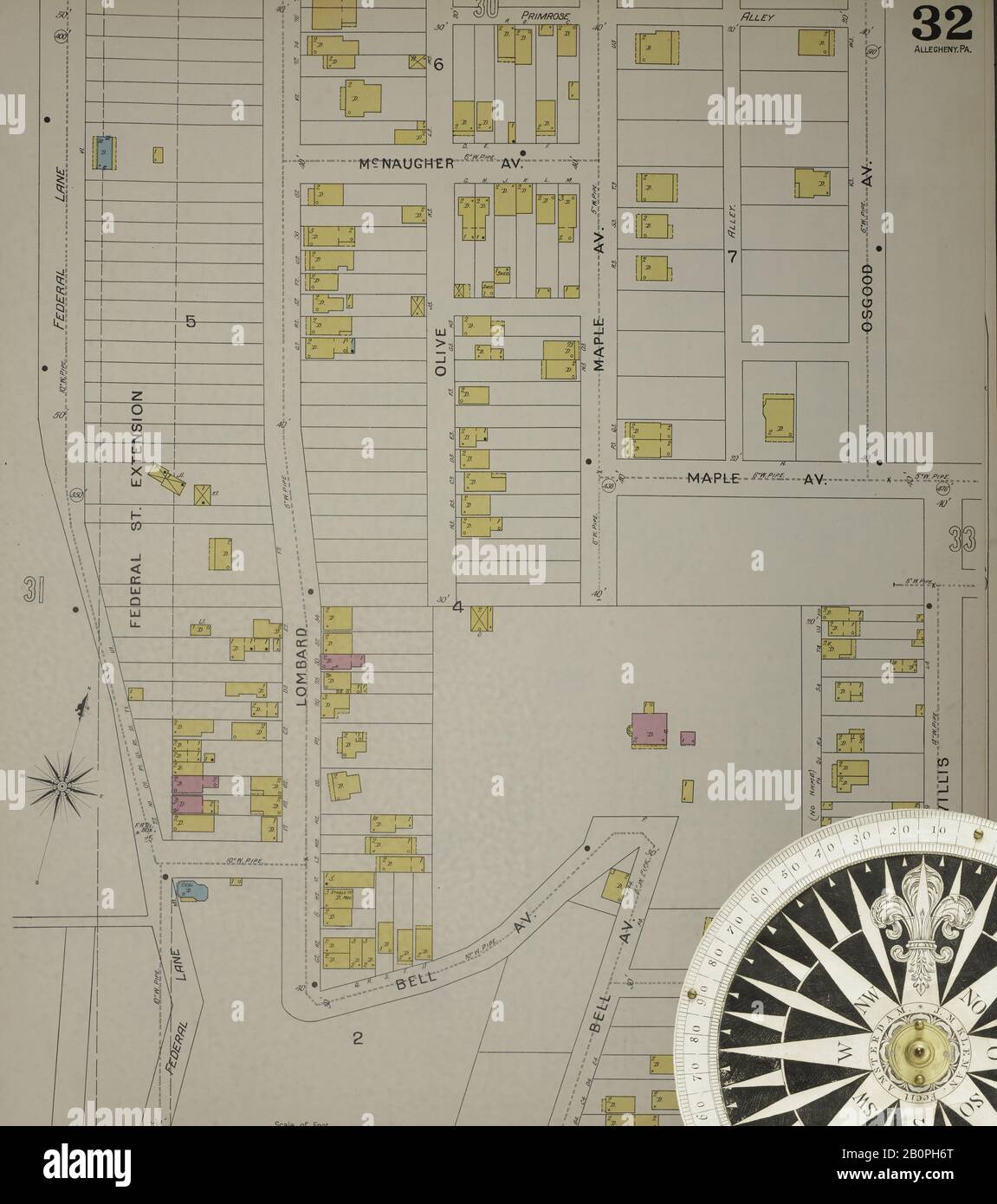 Image 33 De La Carte D'Assurance Incendie De Sanborn D'Allegheny, Comté D'Allegheny, Pennsylvanie. 1893. 125 feuille(s). Direction, Amérique, plan de rue avec un compas du XIXe siècle Banque D'Images