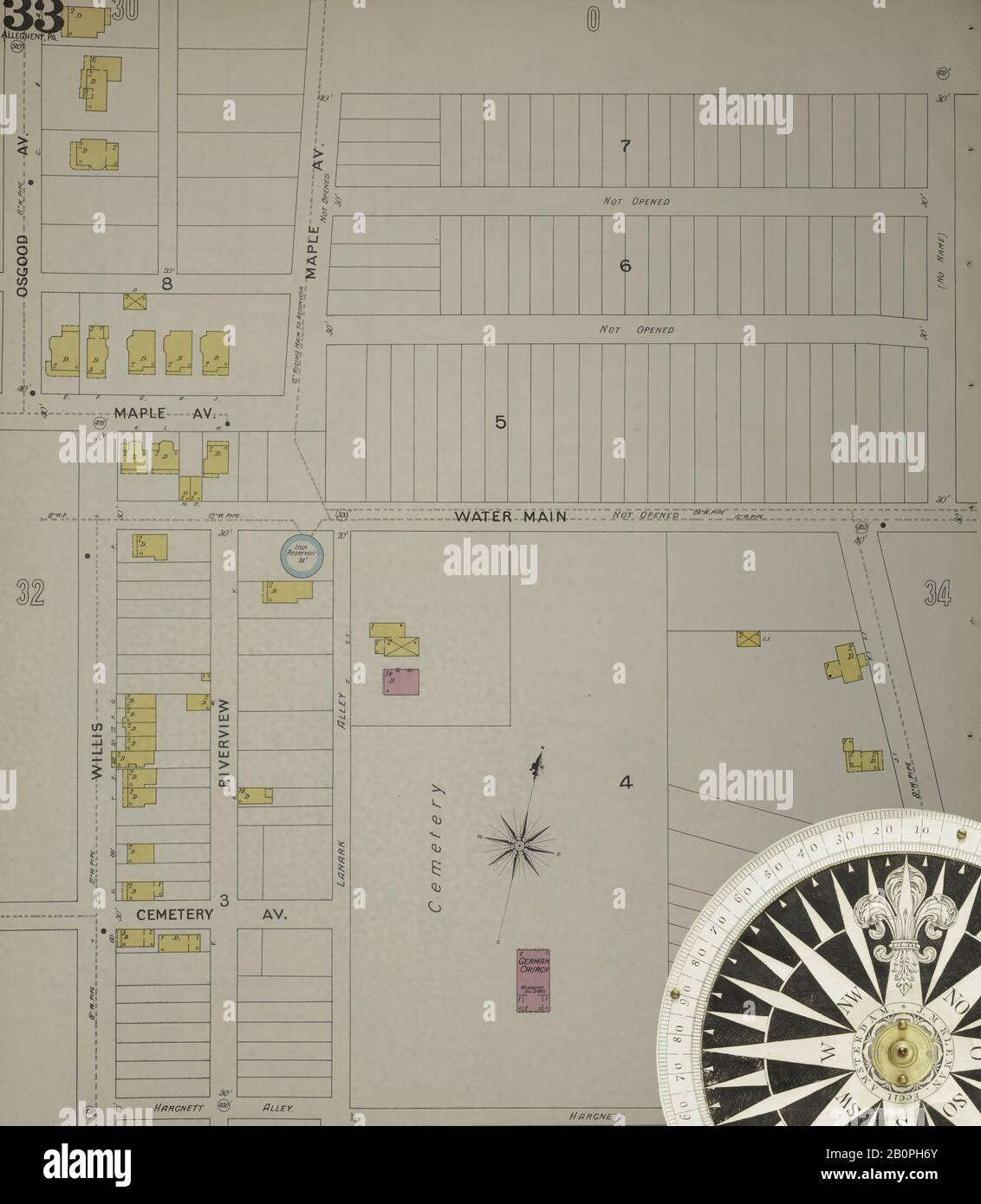 Image 34 De La Carte D'Assurance Incendie De Sanborn D'Allegheny, Comté D'Allegheny, Pennsylvanie. 1893. 125 feuille(s). Direction, Amérique, plan de rue avec un compas du XIXe siècle Banque D'Images