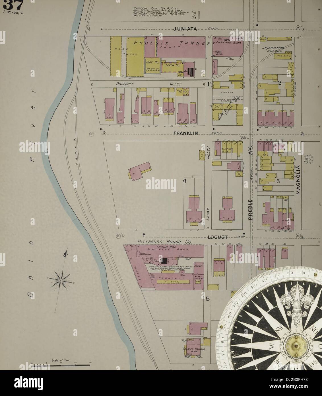 Image 38 De La Carte D'Assurance Incendie De Sanborn D'Allegheny, Comté D'Allegheny, Pennsylvanie. 1893. 125 feuille(s). Direction, Amérique, plan de rue avec un compas du XIXe siècle Banque D'Images