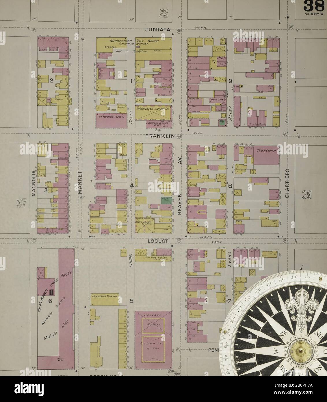 Image 39 De La Carte D'Assurance Incendie De Sanborn D'Allegheny, Comté D'Allegheny, Pennsylvanie. 1893. 125 feuille(s). Direction, Amérique, plan de rue avec un compas du XIXe siècle Banque D'Images