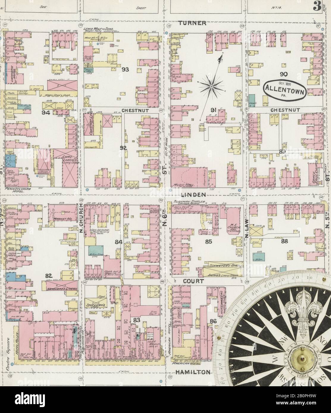 Image 3 De La Carte D'Assurance-Incendie Sanborn D'Allentown, Comté De Lehigh, Pennsylvanie. Octobre 1891. 32 feuille(s), Amérique, plan de rue avec compas du dix-neuvième siècle Banque D'Images