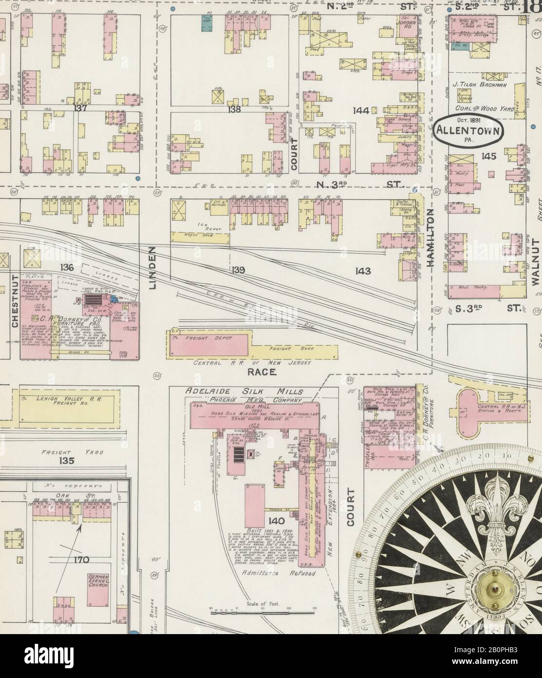 Image 18 De La Carte D'Assurance-Incendie Sanborn D'Allentown, Comté De Lehigh, Pennsylvanie. Octobre 1891. 32 feuille(s), Amérique, plan de rue avec compas du dix-neuvième siècle Banque D'Images
