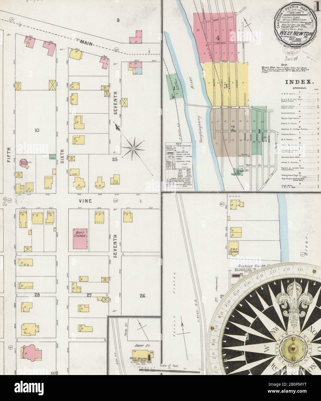 Image 1 De La Carte D'Assurance-Incendie Sanborn De West Newton, Comté De Westmoreland, Pennsylvanie. Oct 1895. 4 feuille(s), Amérique, plan de rue avec un compas du dix-neuvième siècle Banque D'Images