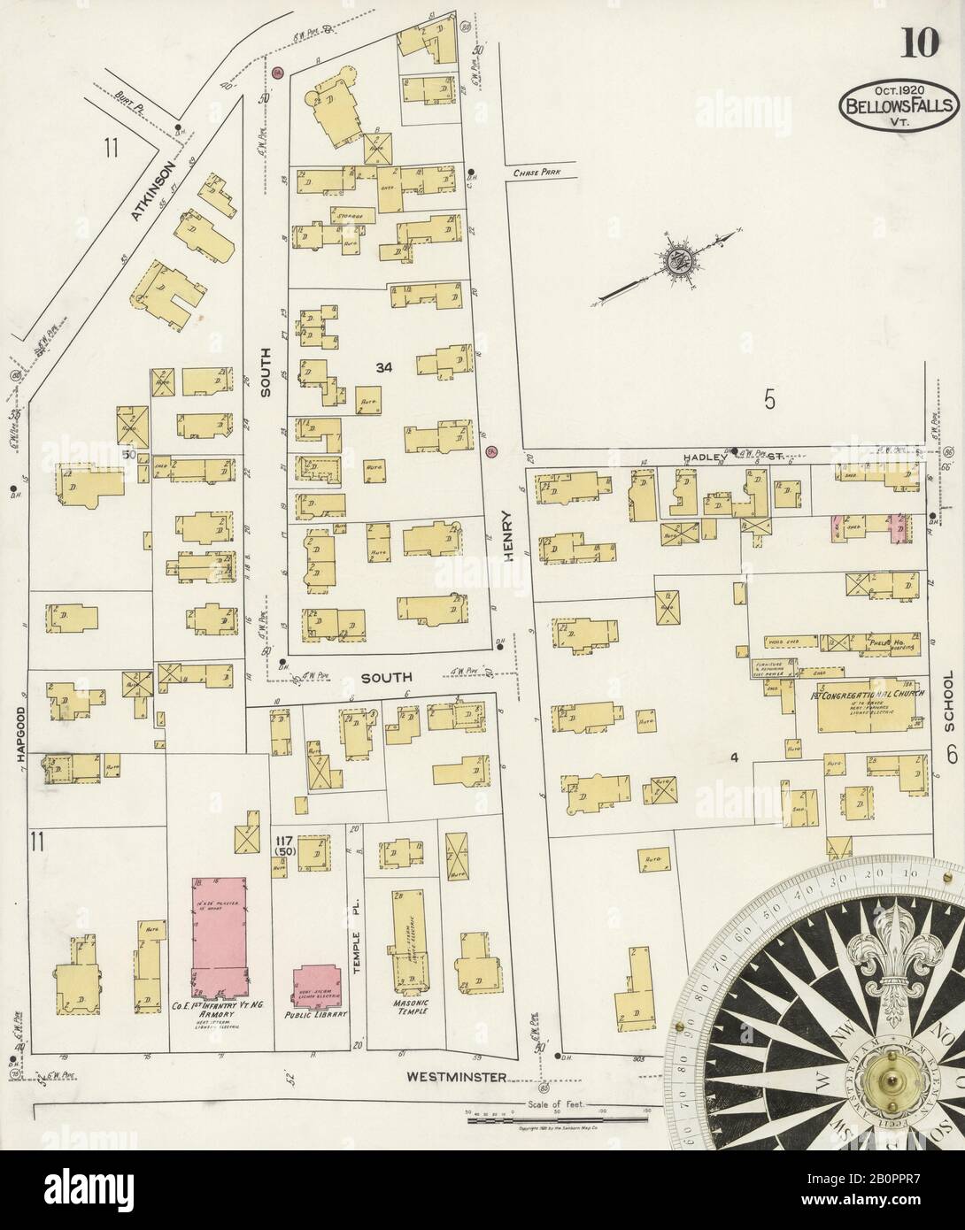 Image 10 De La Carte D'Assurance-Incendie Sanborn De Bellows Falls, Comté De Windham, Vermont. Oct 1920. 14 feuille(s). Inclut North Westminster, North Walpole, Cheshire Co., New Hampshire, Amérique, plan de rue avec un compas du dix-neuvième siècle Banque D'Images