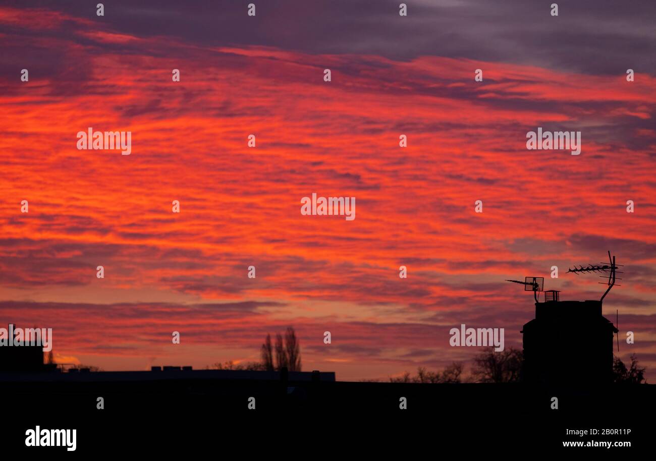 Wimbledon, Londres, Royaume-Uni. 21 février 2020. Toits silhouettés contre un ciel rouge vif avant le lever du soleil dans le sud-ouest de Londres. Crédit : Malcolm Park/Alay Live News. Banque D'Images