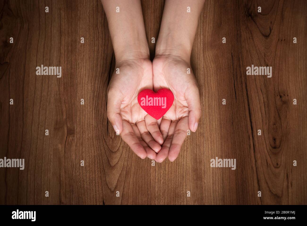 mains féminines tenant le cœur rouge. saint-valentin, soins de santé, concept de don, journée mondiale du coeur. Banque D'Images