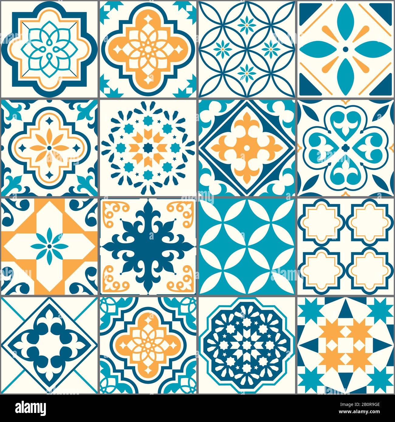 Portugais ou espagnol Azujelo vecteur carreaux sans couture design - Lisbonne rétro truquoise et jaune modèle, tuile grande collection Illustration de Vecteur