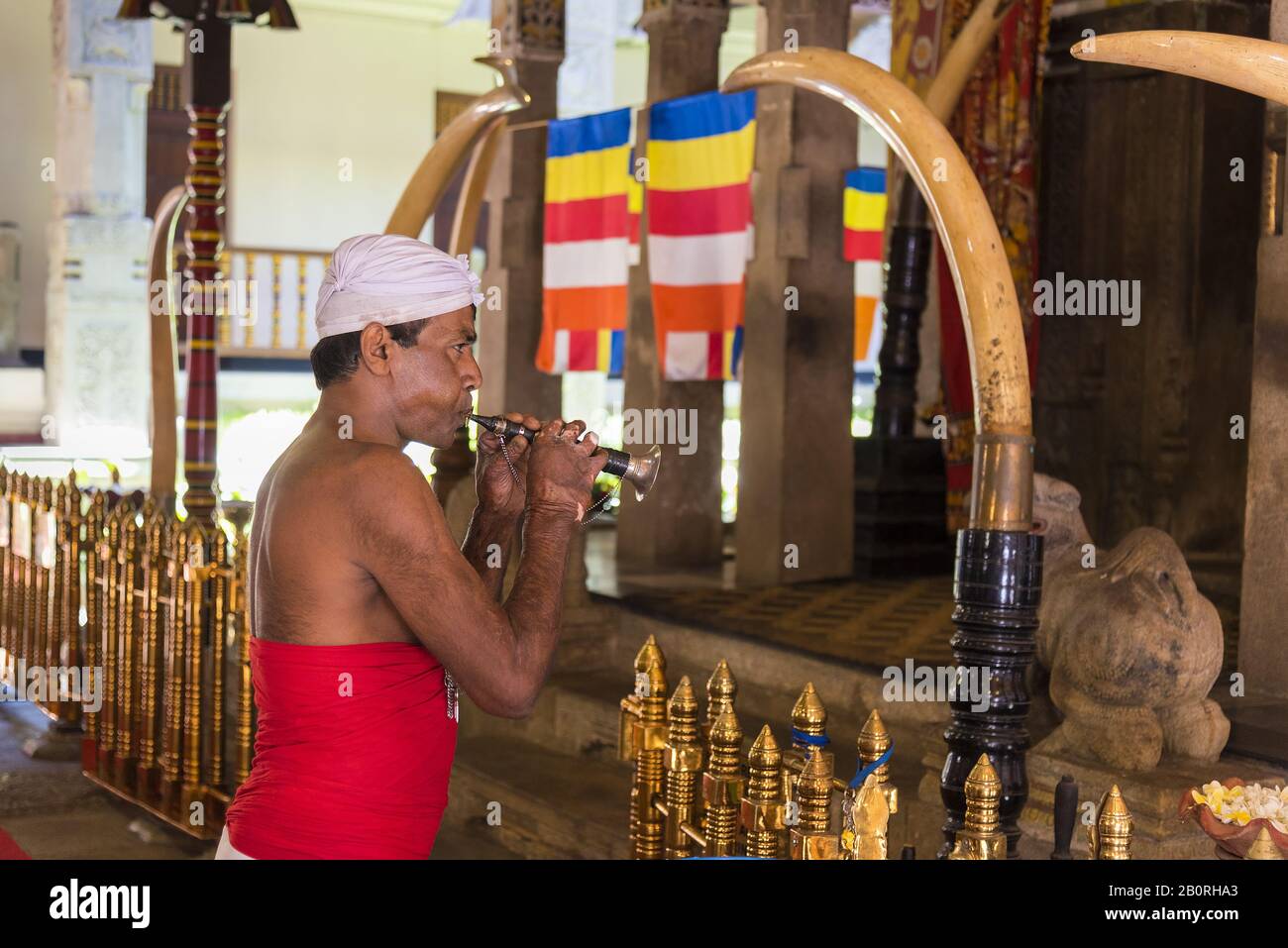 Kandy, Sri Lanka: 03/19/2019: Sanctuaire Bouddhiste Sri Dalada Maligawa. Joueur de flûte musicien en costume traditionnel. Banque D'Images