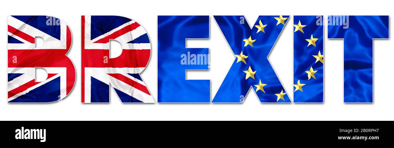 Bannière de texte Brexit sur fond blanc. Le concept du Royaume-Uni quitte l'Union européenne. Le concept financier du Brexit et de l'UE Banque D'Images