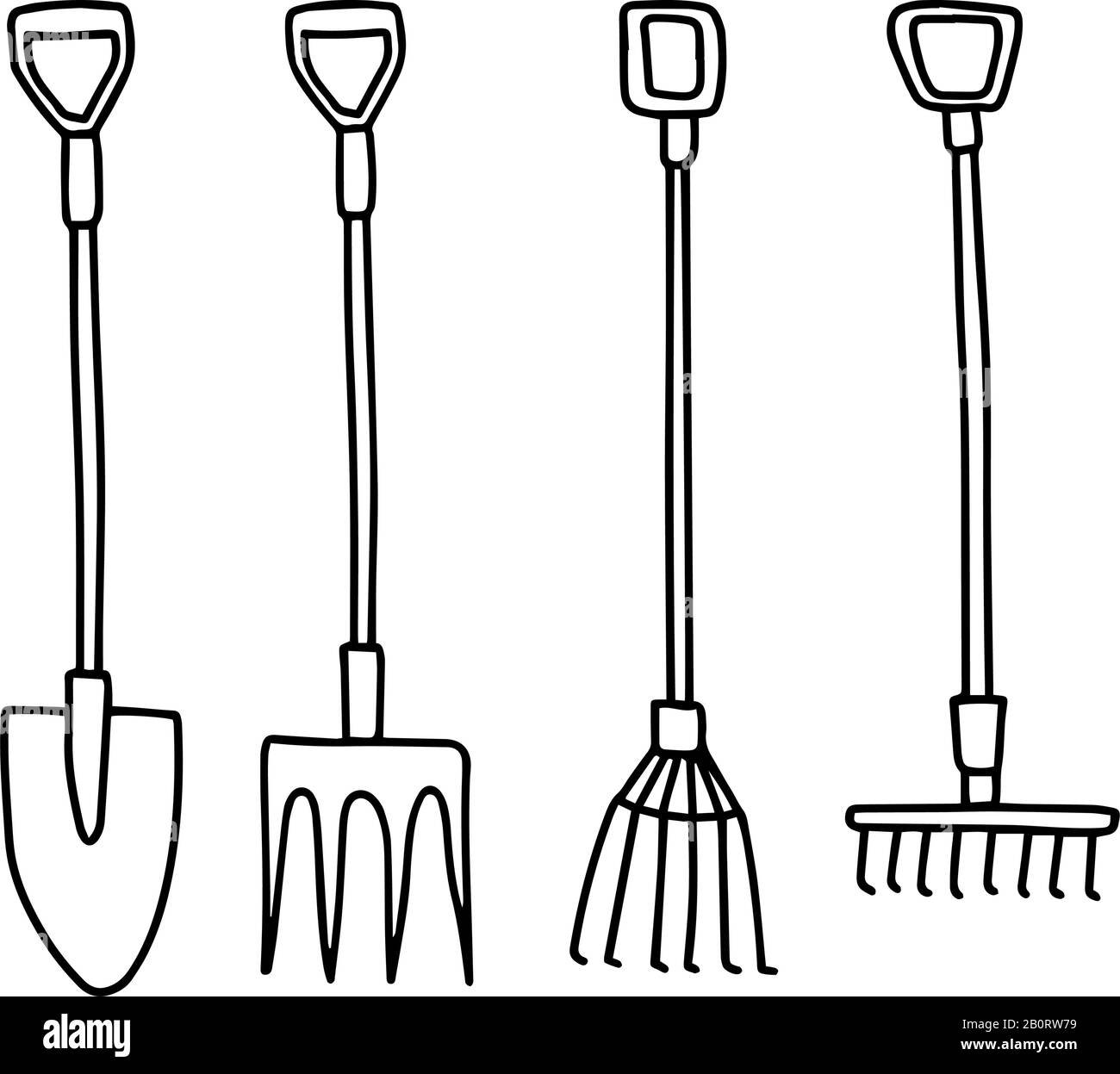 Jeu d'outils pour la récolte et l'ensemencement. Pelle, râteau, fourche à fourche dans le style de doodle dessiné à la main isolée sur fond blanc.illustration du contour vectoriel. Illustration de Vecteur