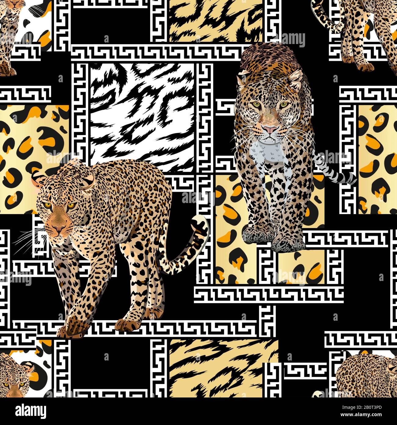 Motif sans couture Leopard avec bordures blanches noires. Texture de peau animale. La guépard à pied. - illustration Banque D'Images