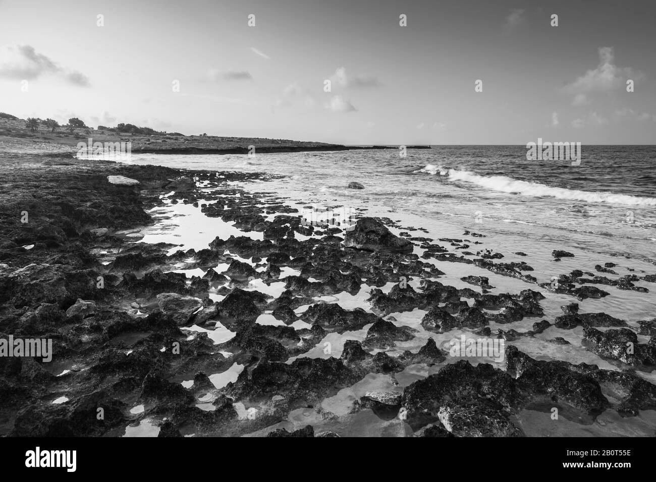 Côte rocheuse sombre de l'île de Chypre au lever du soleil. Mer Méditerranée été paysage côtier, photo noir et blanc Banque D'Images Côte rocheuse sombre de l'île de Chypre au lever du soleil. Mer Méditerranée été paysage côtier, photo noir et blanc Banque D'Images