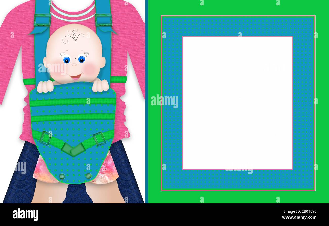 Illustration graphique du bébé orienté vers l'avant dans le porte-bébé transporté par la mère. Zone de texte disponible à droite avec bordures de couleur correspondantes. Banque D'Images