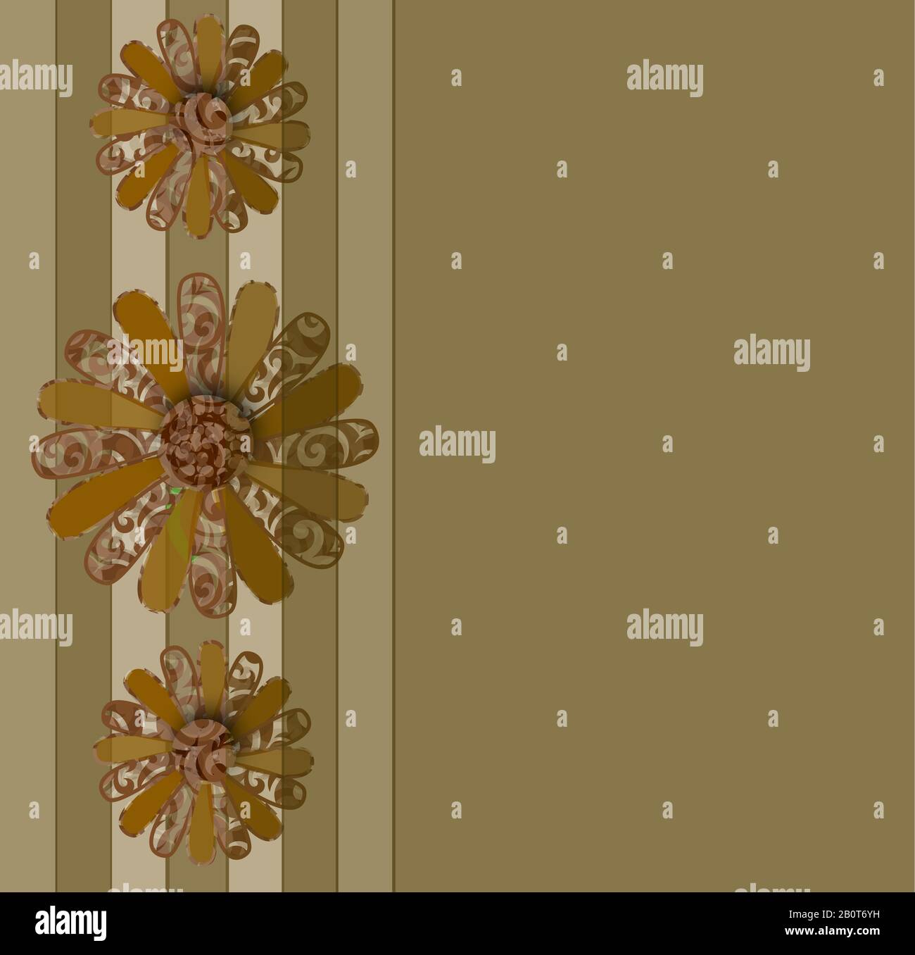 Fleurs de type Marguerite marron et beige abstraites sur fond avec un côté à rayures. Illustration graphique carrée. Banque D'Images