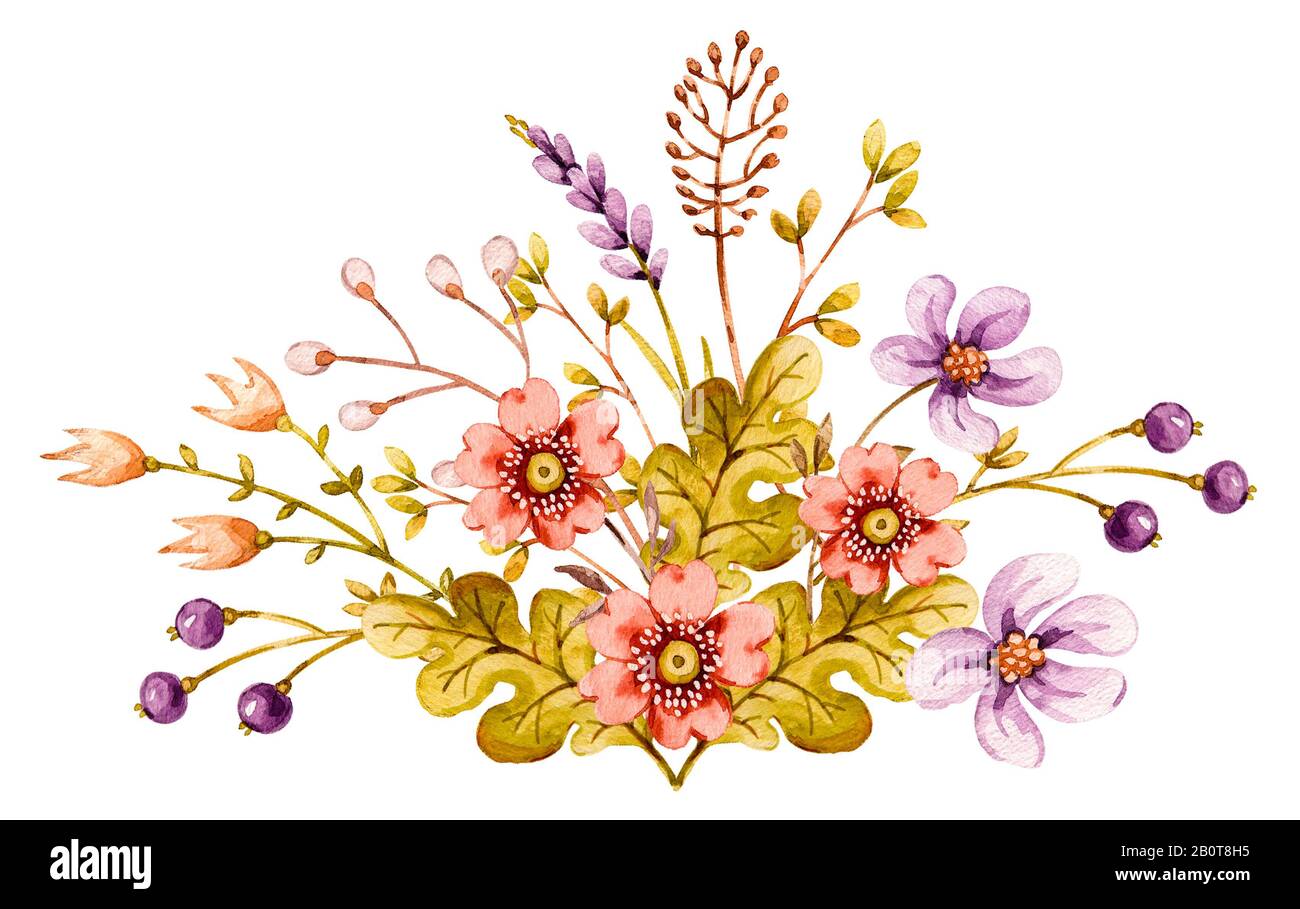 Bouquet de composition florale aquarelle avec baies de fleurs herbe, feuilles de chêne, lavande, glands.Délicat fond de flore peint à la main. Banque D'Images